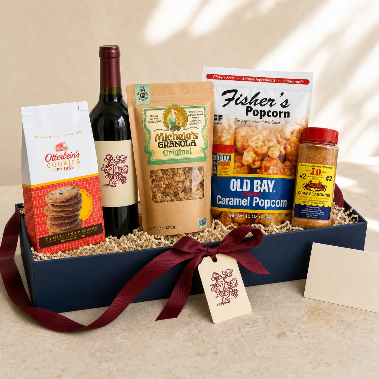 Chesapeake Table gift hamper with Maryland pantry foods and red wine