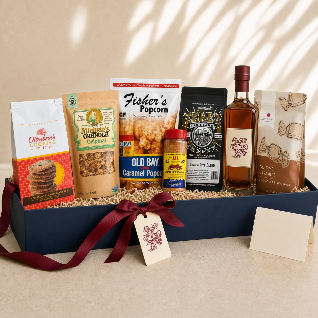 Falls Road Reserve Maryland gift hamper with six named Maryland products and a curated spirits bottle