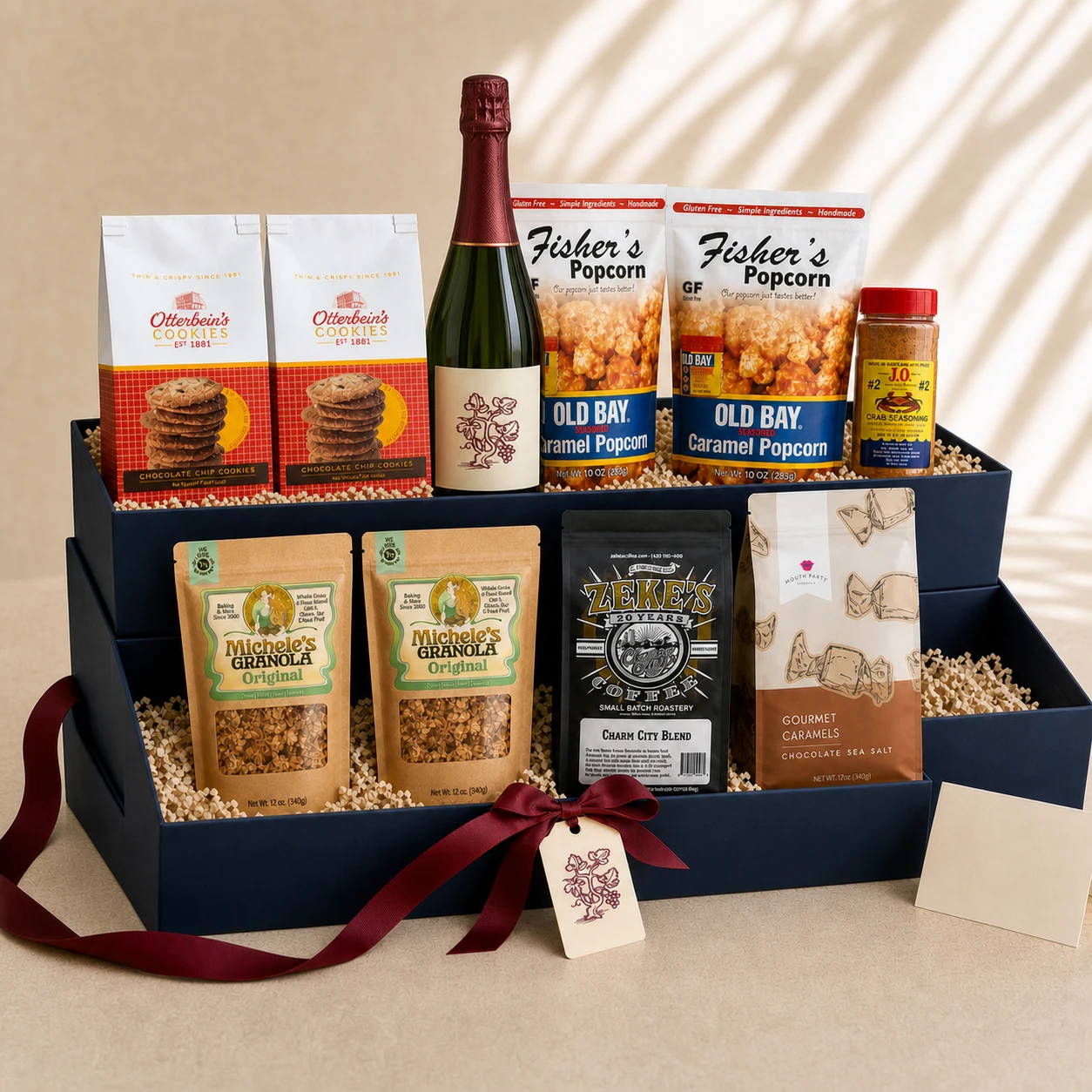 Maryland Executive sharing hamper with sparkling wine